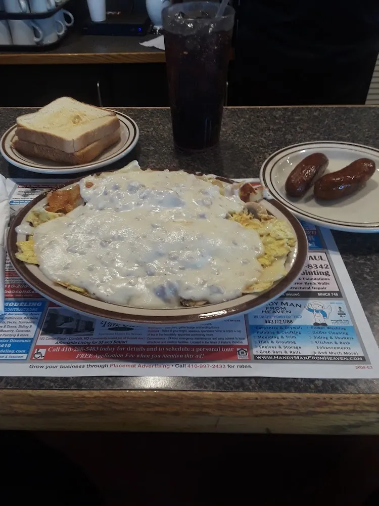 Mushroom and Cheese Omelette Covered with Sausage Gravy