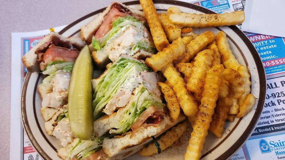 Shrimp Salad Club Sandwich with French Fries